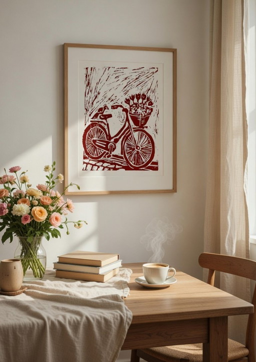 Impresión en linóleo de una bicicleta en Ámsterdam | A4, arte mural, decoración del hogar, papel hecho a mano