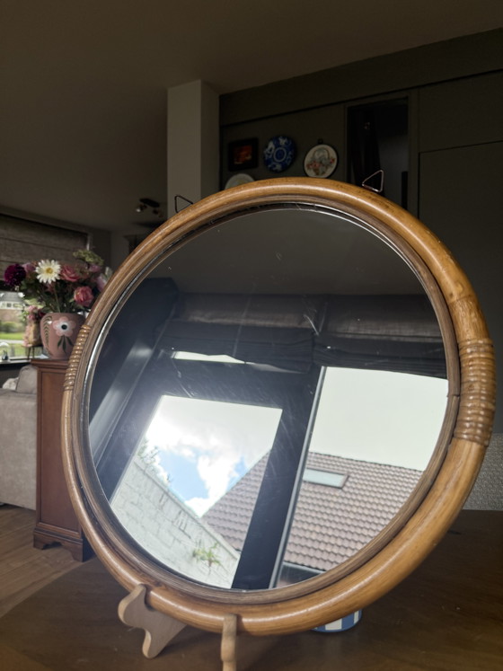 Vintage Mid-Century Modern Round Bamboo & Rattan Wall Mirror – 1960s/1970s Boho Chic Italian Style – Spiegels (photo 3 of 11)
