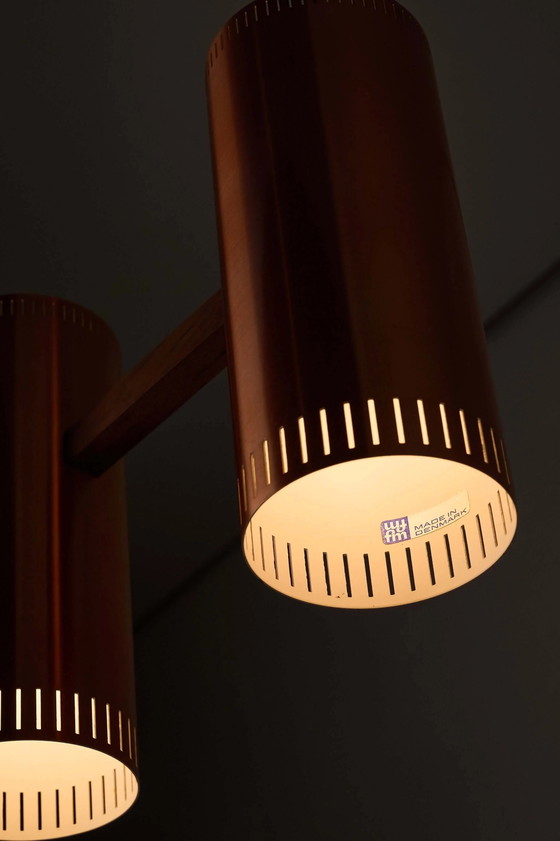 Lampada a sospensione lineare a 3 luci "Cylindre III" in rame di Jo Hammerborg per Fog & Mørup, 1960 (foto 4 di 9)