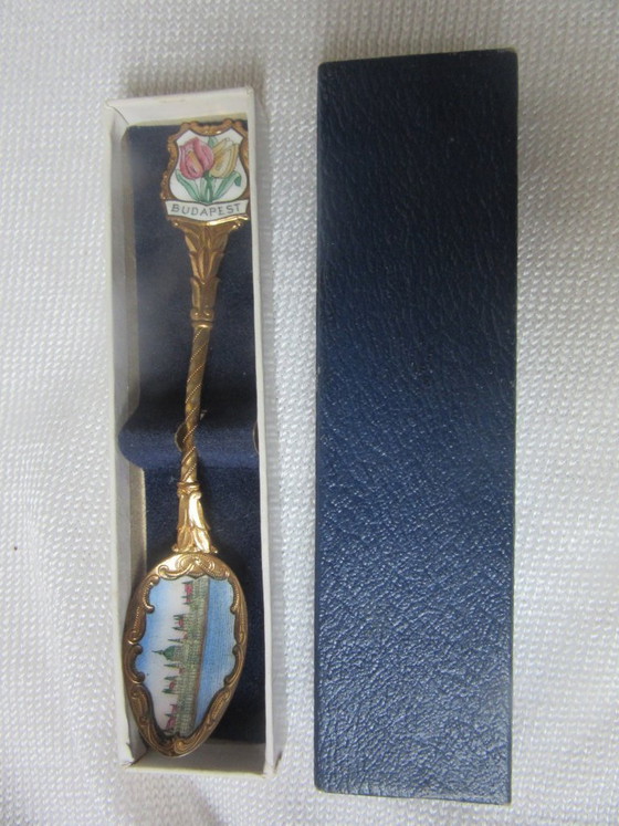Image 1 of Vintage emaille en verguld gouden souvenirlepel met bloemenmotief uit Boedapest