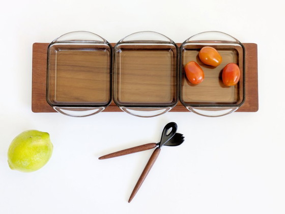Image 1 of Danish Teak Serving Set, 3 Smoked Glass Bowls Original Spoon and Fork, Midcentury Kabaret Tray