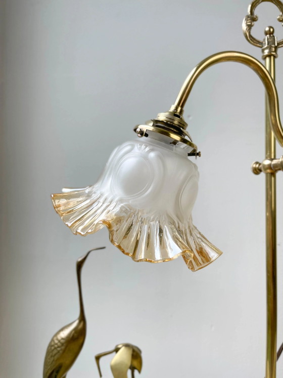 Coppia lampade da scrivania Art Déco collo di cigno – Ottone dorato e paralume in vetro anni '20/'30 – (photo 4 of 11)