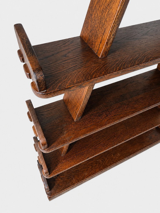 Image 1 of Vintage Brutalist oak pyramid bookcase / wall rack – Netherlands, 1970s