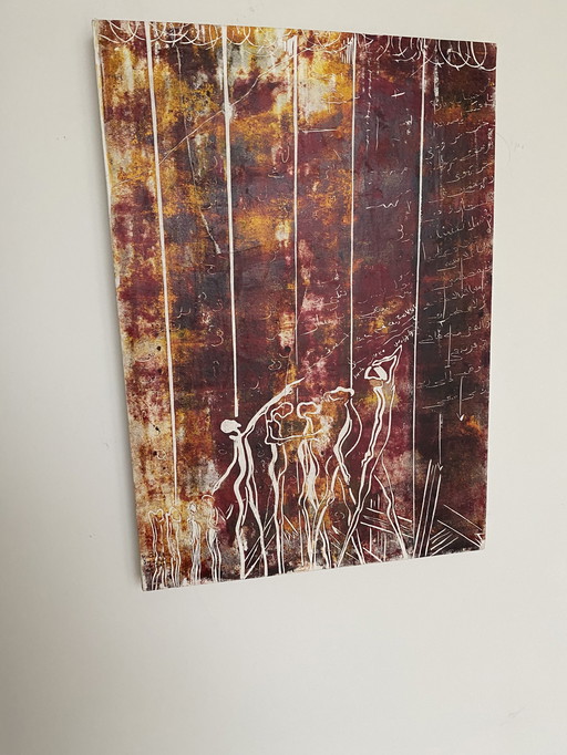Schilderij gemaakt op houd met een linoleum print gesigneerd