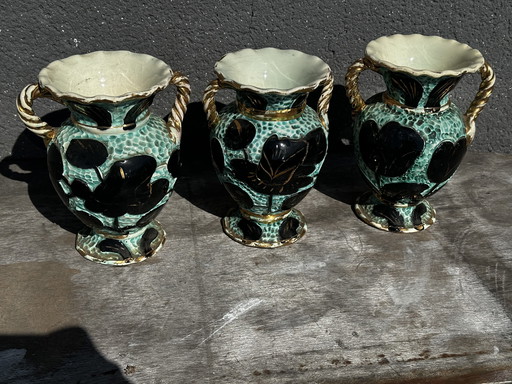 Trio de Vases Amphore Céramique Vallauris Turquoises/Noirs rehaussé d’Or H22cm