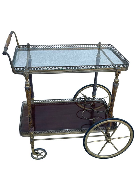 Image 1 of Carrello bar/carrello per bevande in ottone e legno, prodotto da Maison Jansen, Francia, anni '40.