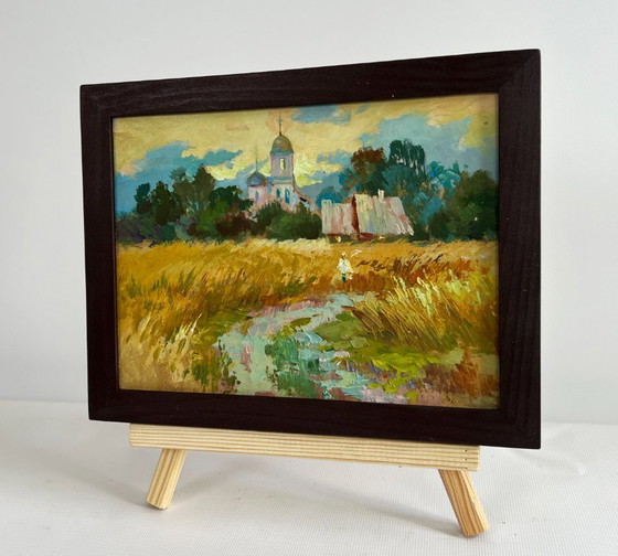Image 1 of Original Oil Painting Evening Church Landscape Golden fields and sunset