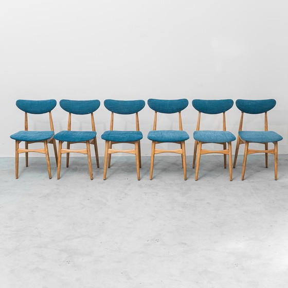 Image 1 of SET DI 6 SEDIE VINTAGE RESTAURO IN LEGNO E TESSUTO BLU ANNI ’60 MODERNARIATO