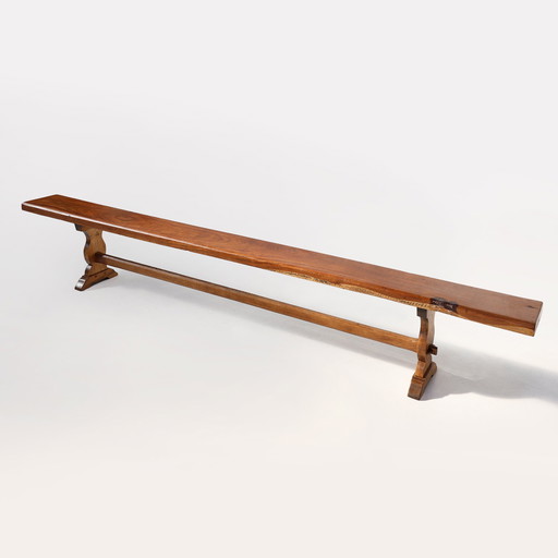 Extra lange Klosterbank aus massivem Ulmenholz, Frankreich ca. 1850