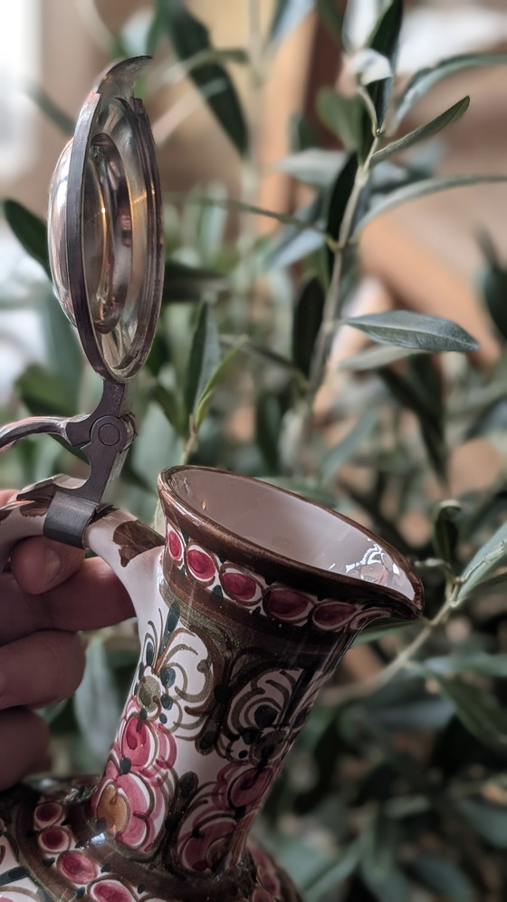 Image 1 of Pichet ancien en faience peinte à la
main Décor floral rouge et vert -  signée ASM 0375