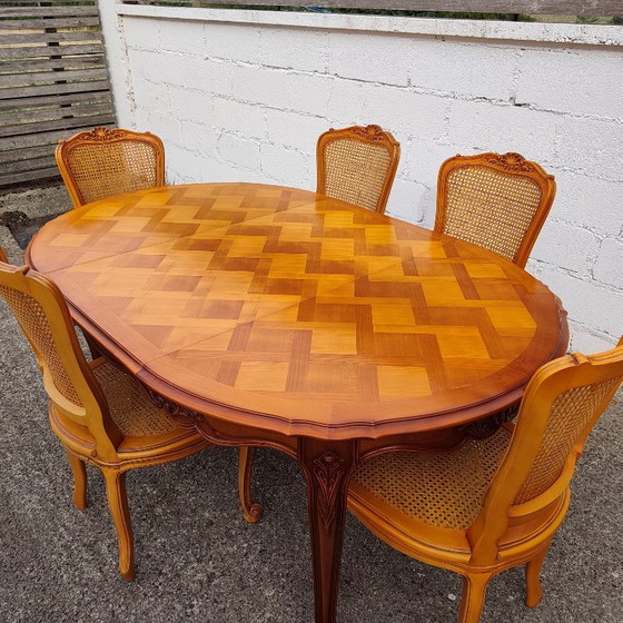 French Vintage Marqueterie Dining Table-Extendable Cherrywood Table-Style Louis XV-80s (photo 12 of 18)