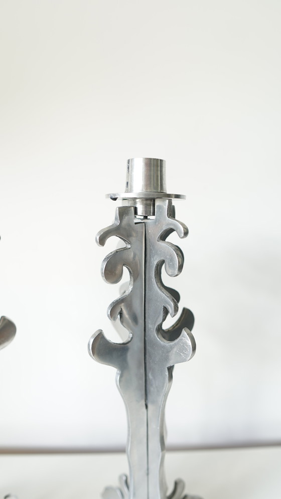 Image 1 of Pair of Brutalist candlesticks in vintage carved chromed metal - 1970s