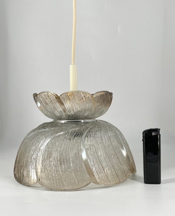 Image 1 of Mid-century ice glass pendant lamp in lotus design – 1970s