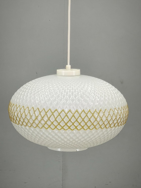 Czechoslovak Opaline Glass and Gold Pendant Light, 1970s – Pendant lamps, Plastic (photo 9 of 10)