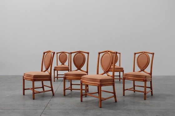 Image 1 of Set of 6 bamboo dining room chairs with geometric upholstery by Gasparucci, Italy 1980s