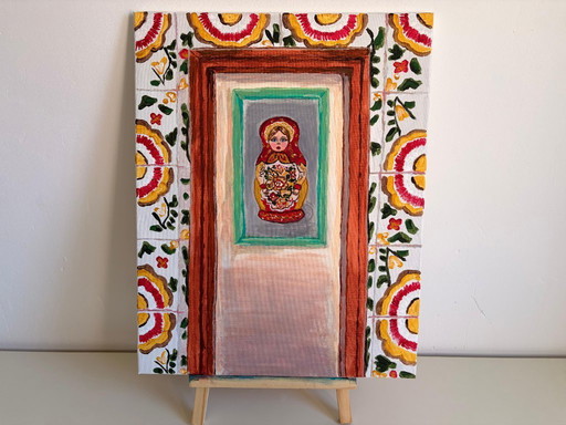Uniek Handgeschilderd Matroesjka Doll Schilderij - 40x50 cm