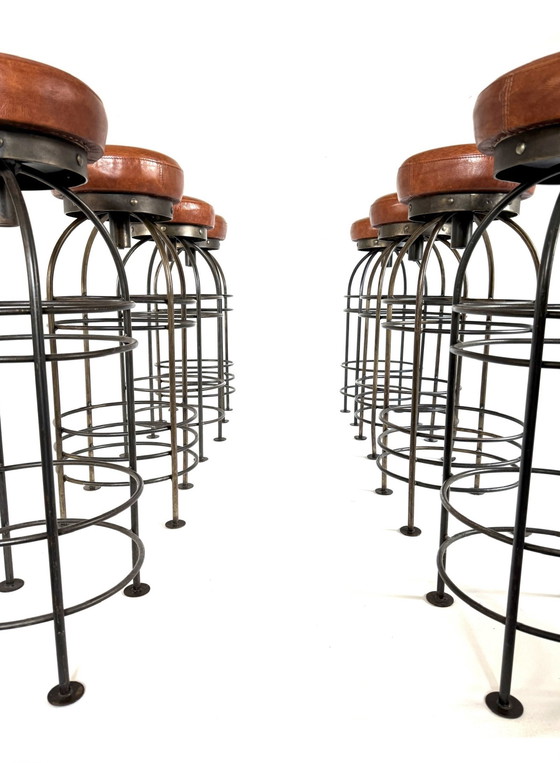 Image 1 of 8x vintage bar stool, wrought iron & leather '80s