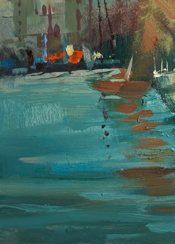 Image 1 of Original Oil Painting Coastal City Landscape A quiet harbor near Venice