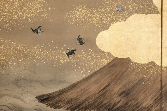 Image 1 of Antico paravento giapponese a sei pannelli con raffigurazione della storia di Genji.