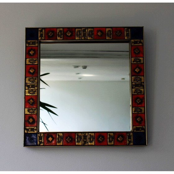 Image 1 of Square vintage mirror in gilded brass and glazed ceramic, 1970