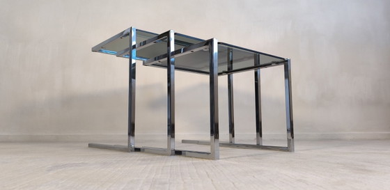 Image 1 of 😍✨ Set of 3 vintage chrome and smoked glass nesting tables, Roche Bobois / Guy Lefèvre style – 1970s ✨😍