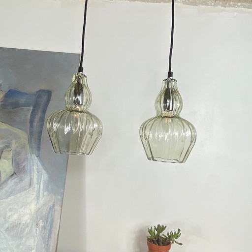 Coppia di lampade a sospensione antiche in vetro trasparente. – hanglampen, Glass