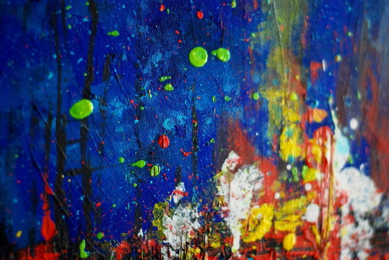 Image 1 of Abstract blue and red colors acrylic painting on stretched canvas