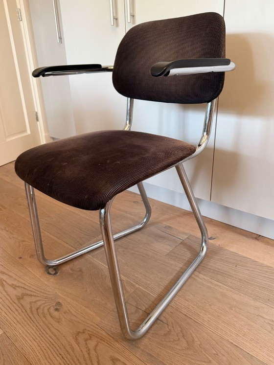 Image 1 of 4 Stoelen van Verchroomd Buizenframe met Zwarte Ribcord Bekleding