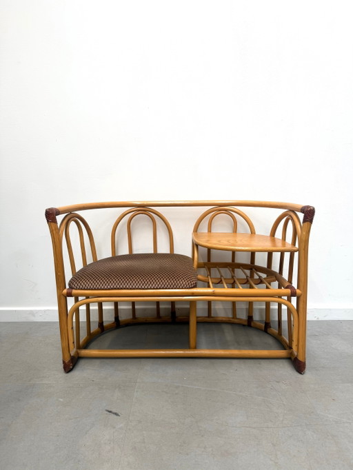 Banc de téléphone vintage en rotin avec table d'appoint, années 1970