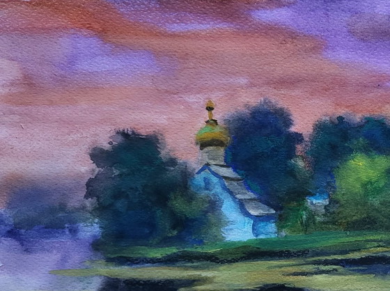 Original Watercolor Painting Nature Landscape Meadow Church Morning over the River – Paintings & Drawings (photo 4 of 7)