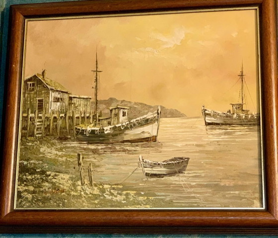Port at Dusk - Superb Seascape - Oil on Canvas with Palette Knife (In the Spirit of the Cape Ann School) (photo 4 of 29)