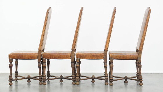 Image 1 of 4 x Sedia da pranzo antica in legno e pelle di pecora