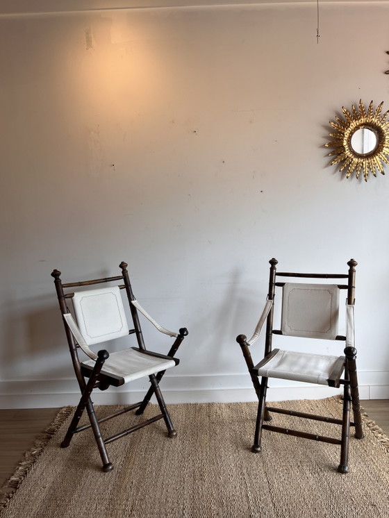 2 vintage campagne stoelen faux bamboo | jaren 70/80 Vintage – Eetkamerstoelen, Canvas, Wood (photo 3 of 12)