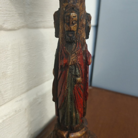 Hand-carved wooden candlestick with saint figures – 24 cm – Sculpture (photo 3 of 13)