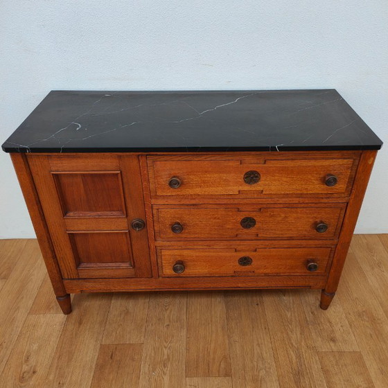 Image 1 of Vintage Frans dressoir commode, ladekast, badkamermeubel met marmer blad