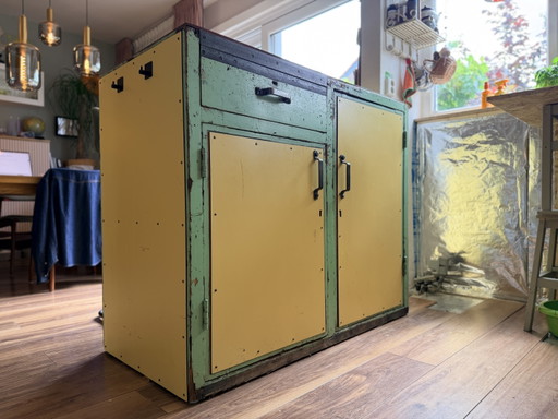 Bloque de taller industrial original – opbergkast, Wood, Iron