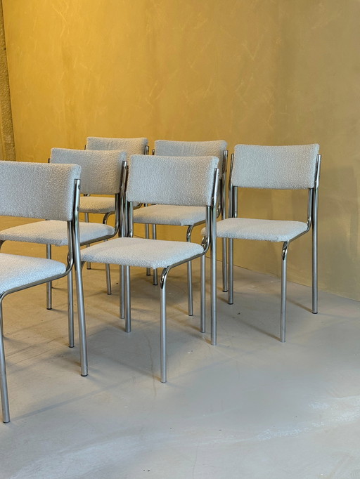 Set van 6 eetkamerstoelen in chroom en bouclé