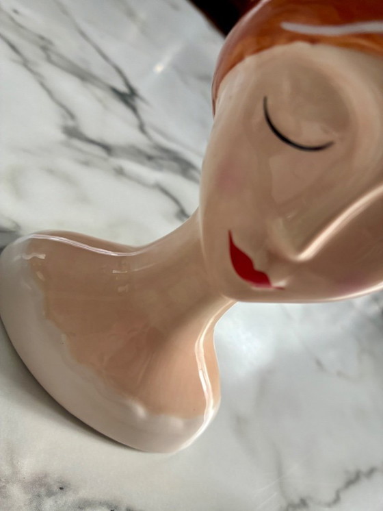Image 1 of Small vase or flower pot with a woman's face