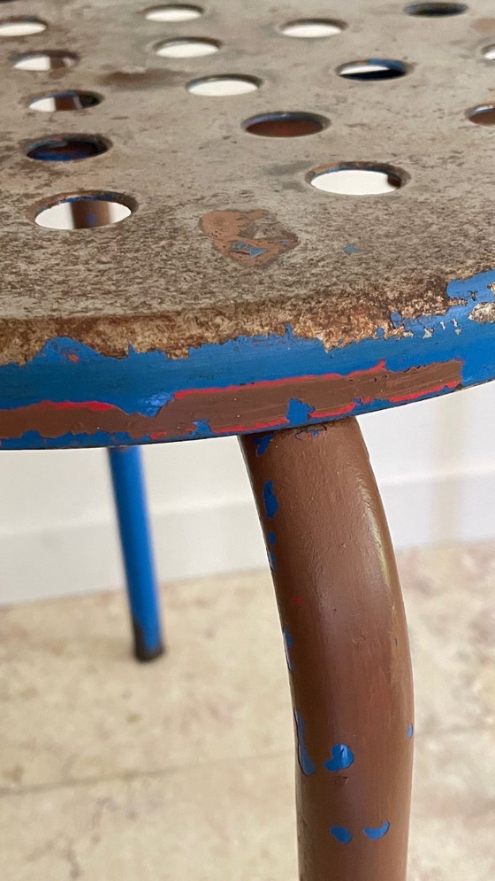 Image 1 of Paar industriële stalen PATINE TABOURETS Blauw & Chocolade VINTAGE