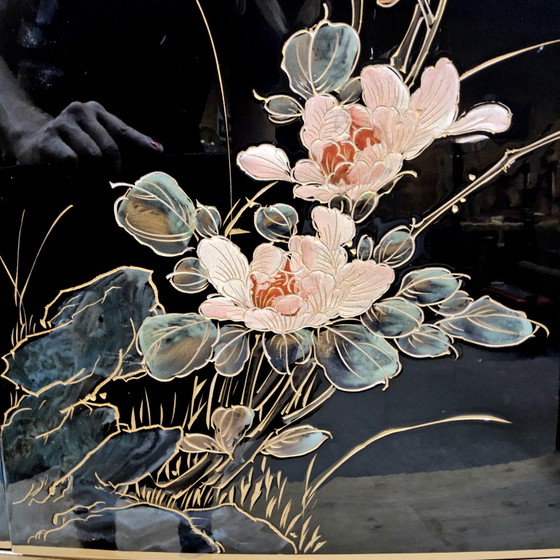 Vintage Chinese Lak Kast Zwart Bloemen En Vogels / Bohemian / Oosterse / Aziatische Bruidskast – Opbergkast (photo 10 of 15)
