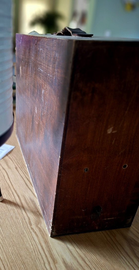 Image 1 of Antique hand-operated ship's fog horn in wooden resonance box – working – ca. 1900