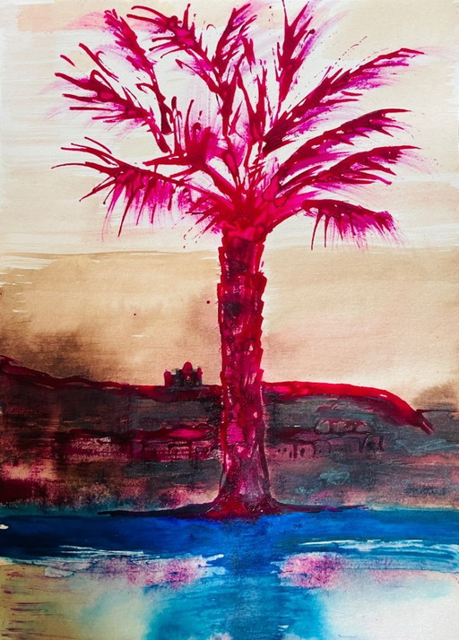 Signed watercolor landscape of Egypt "twilight on the Nile"