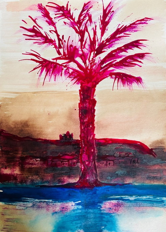 Image 1 of Acuarela firmada de un paisaje egipcio "Crepúsculo en el Nilo"