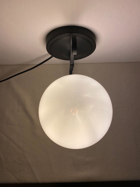 Vintage Opal Glass Globe Wall Lamp with Wood Detail, 1970s, Wall lights, Metal, Black (photo 15 of 16)
