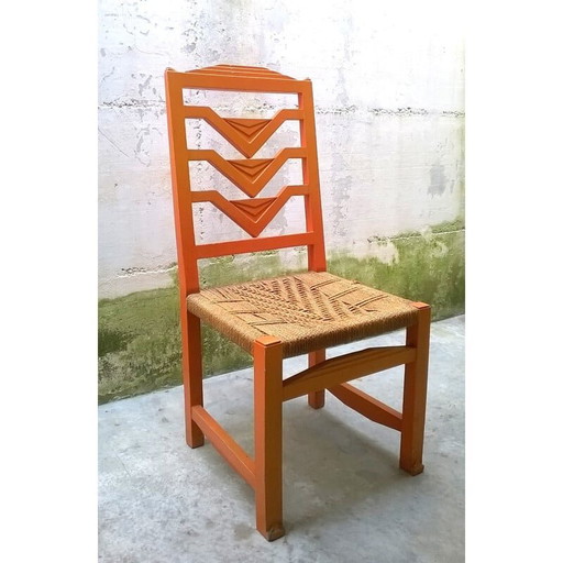 Chaise orange futuriste italienne en bois et paille - années 1930