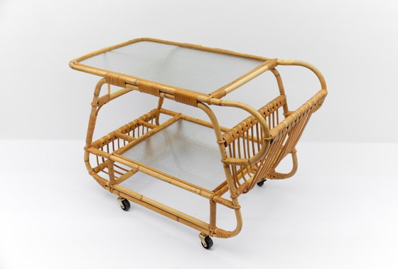 Image 1 of Carrello da portata italiano in bambù, rattan e vetro, anni '50