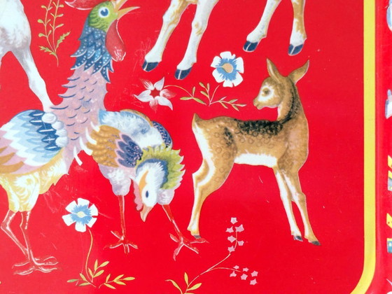 Image 1 of Bandeja de hojalata roja de mediados de siglo | Estilo de arte popular escandinavo | Decoración navideña