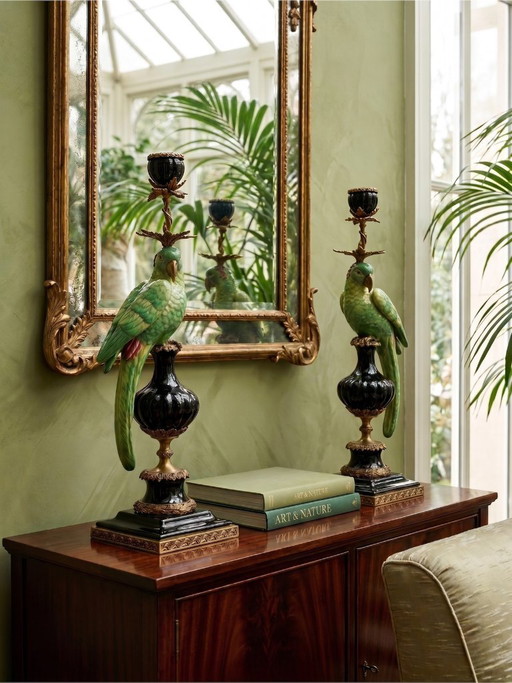 Paar Papageienleuchter aus Porzellan und vergoldeter Bronze – Stil Ludwigs XVI. – 47 cm