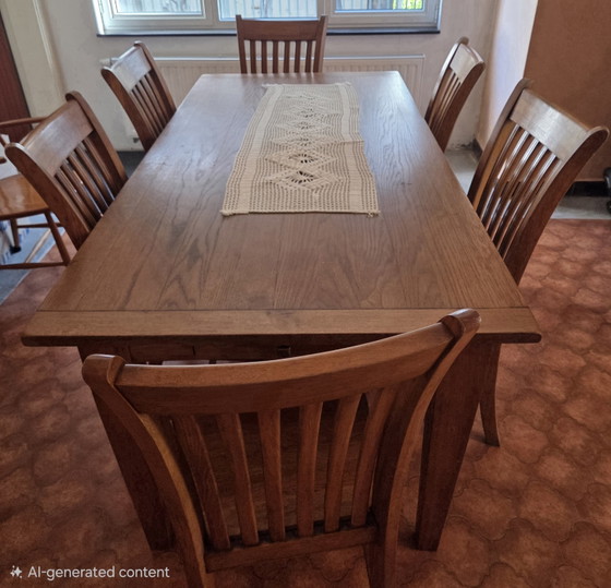 Image 1 of High-Quality Solid Oak Set: Dining Table + 6 Chairs and Display Cabinet / china cabinet