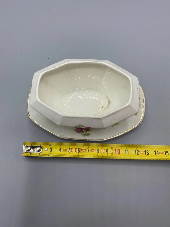 Saucière individuelle ancienne en porcelaine – Décor de roses – Tchécoslovaquie – Objets déco, Gold (photo 3 of 4)